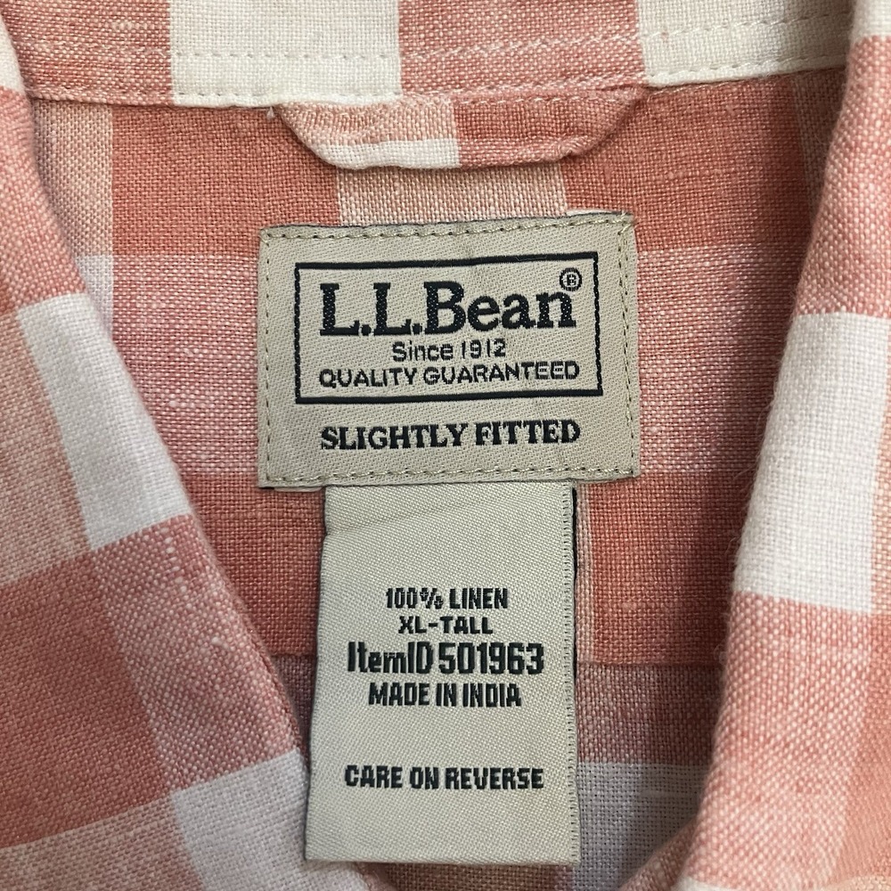 LL Bean Shirt Mens Tall XLT Linen Short Sleeve Slightly Fitted Salmon Pink Plaid - Picture 4 of 8